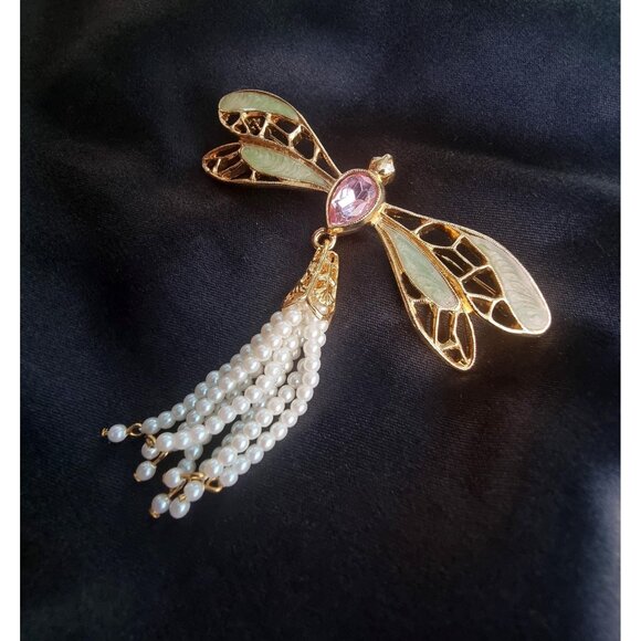Vintage AVON Signed Dragonfly Green Enamel Pink Rhinestone Faux Pearl Beaded Tai - Picture 3 of 7